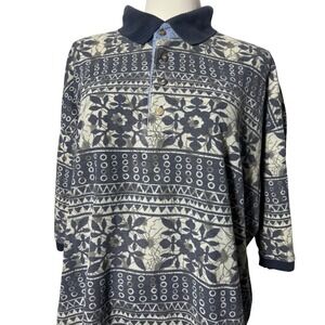 Vintage Bugle Boy XXL Polo Shirt Mens Blue Grey Geometric Floral 90s‎